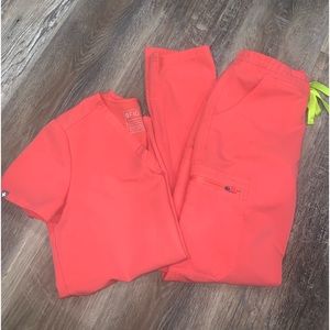Figs Hot Coral Set- XXS. Yola Pants/ One Pocket Top